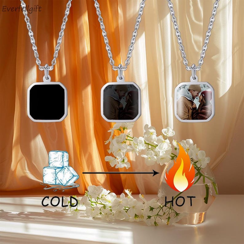 Square Shape Secret Photo Necklace - Heat Activated Personalized Pendant - Image 2